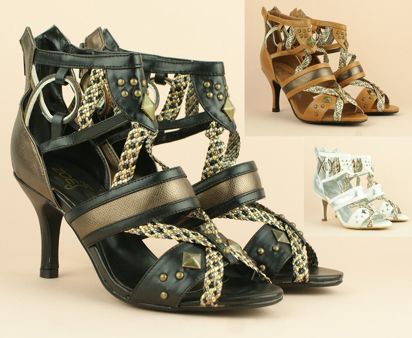 LADIES WOMENS MID HEEL GLADIATOR ZIP UP PEEP TOE STRAP SUMMER SANDALS SHOES