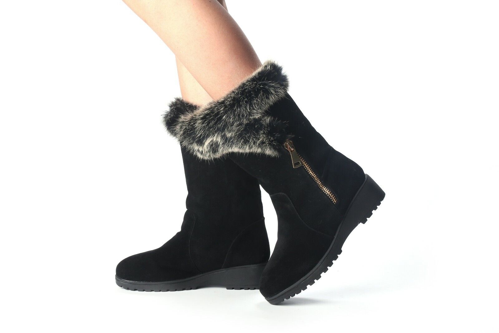 LADIES WOMENS LOW WEDGE FLEECE LINED FAUX SUEDE ZIP WINTER WARM FUR BOOTS SHOES
