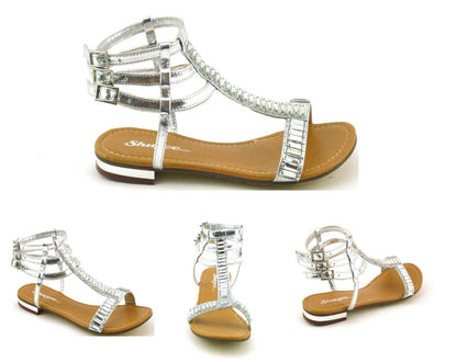 WOMENS LADIES NEW FLAT HEEL DIAMANTE CRYSTAL GLADIATOR SUMMER SANDALS SHOES SIZE