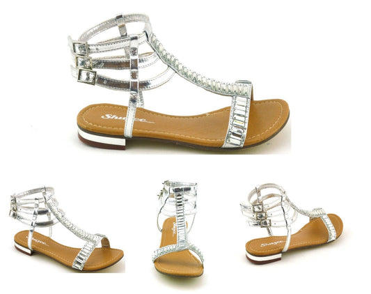 WOMENS LADIES NEW FLAT HEEL DIAMANTE CRYSTAL GLADIATOR SUMMER SANDALS SHOES SIZE