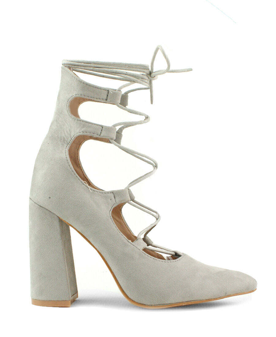 Lace Detail Block Heel Faux Suede Court Shoe