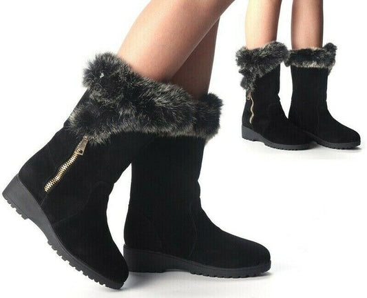 LADIES WOMENS LOW WEDGE FLEECE LINED FAUX SUEDE ZIP WINTER WARM FUR BOOTS SHOES