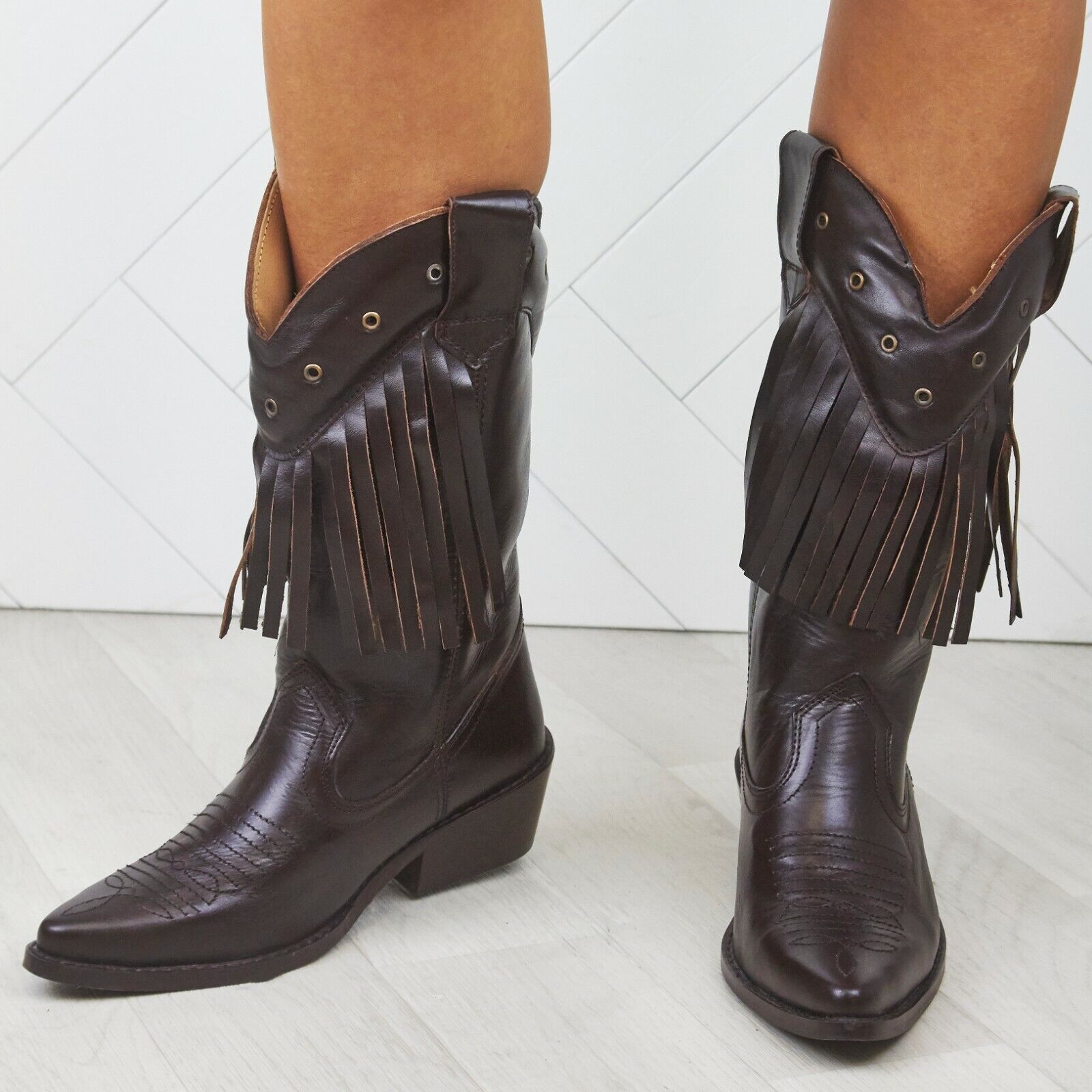 WOMENS LADIES REAL LEATHER COWBOY WESTERN STYLE ANKLE FRINGE BOOTS SHOES SIZE