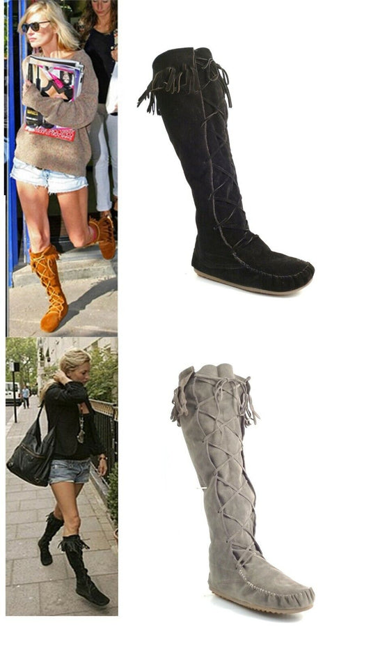 LADIES WOMENS FLAT BOHO MUKLAK FRINGE FAUX SUEDE PULL ON KNEE BOOTS SHOES SIZE 