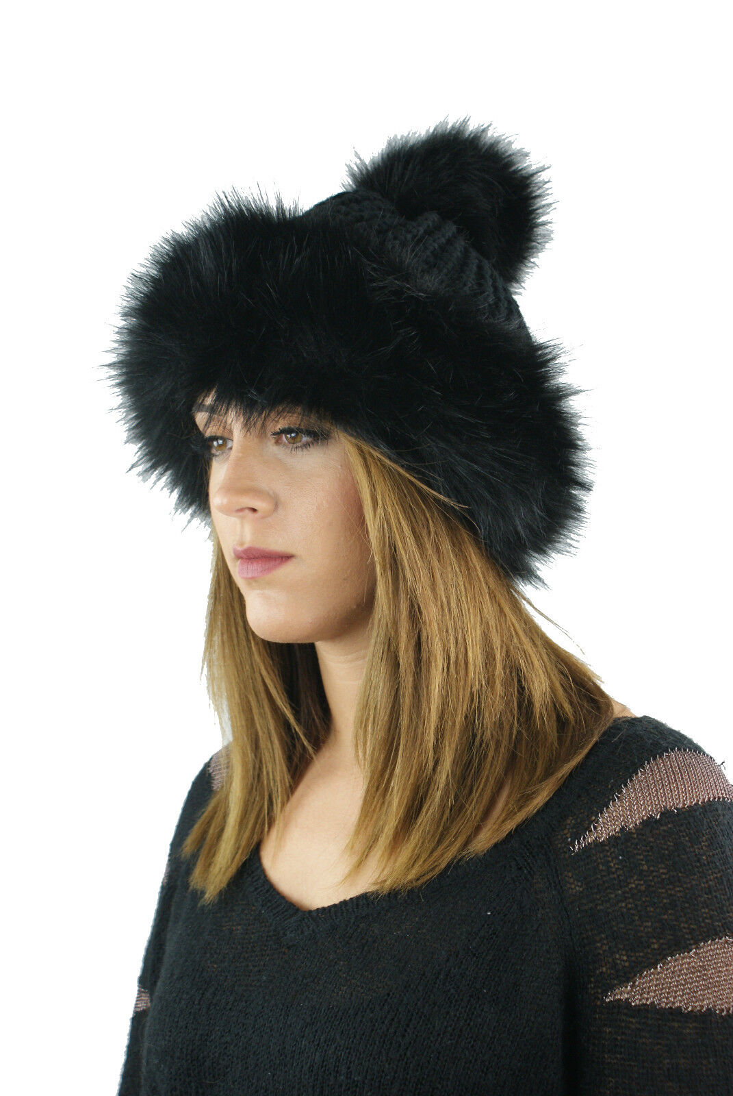 WOMENS LADIES FAUX FUR HAT POM POM KNITTED BEANIE COSSACK RUSSIAN STYLE WINTER 
