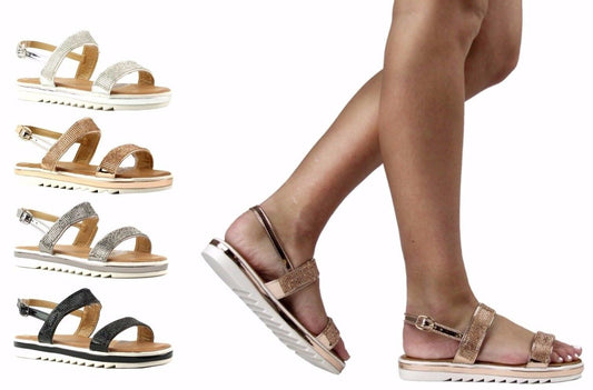 LADIES WOMENS DIAMANTE TRIM FLATFORM SUMMER BEACH GLADIATOR ROMAN SANDALS SHOES 