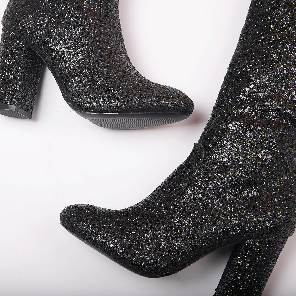India Glitter Knee High Block Heel Boots