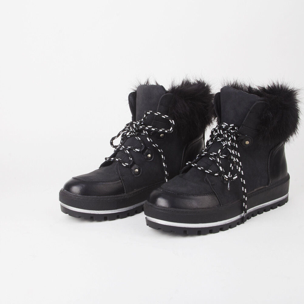 Ladies Womens Grip Sole Ski Moon Style Lace Up Faux Fur Collar Ankle Boots Shoes