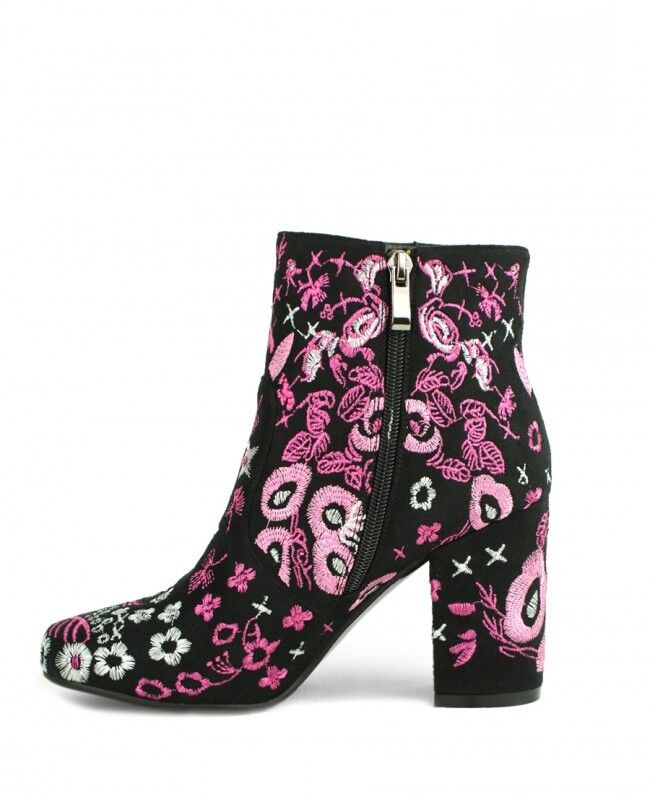 LADIES WOMENS FLORAL EMBROIDED BLACK SUEDE BLOCK HEEL RETRO ANKLE BOOTS SIZE
