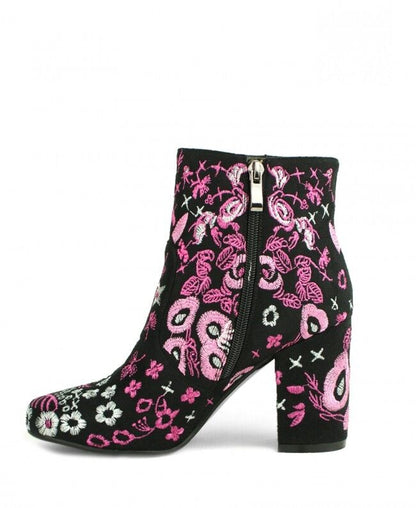 LADIES WOMENS FLORAL EMBROIDED BLACK SUEDE BLOCK HEEL RETRO ANKLE BOOTS SIZE