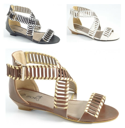 LADIES WOMENS LOW WEDGE BUCKLE PEEP TOE SUMMER BEACH CUT OUT CROSS OVER SANDALS 