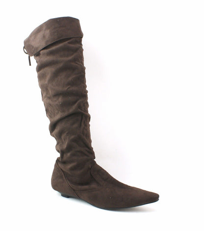 LADIES WOMENS SUEDE KNEE BOOTS LOW FLAT HEEL PULL ON PIRATE STYLE SHOES SIZE 