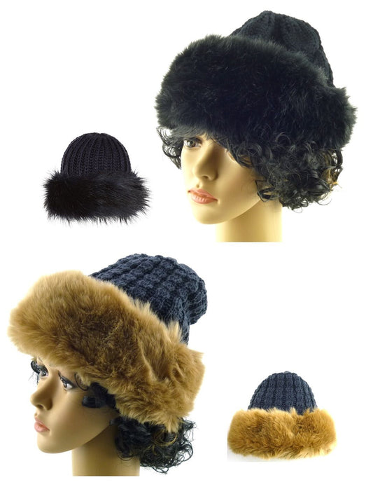 WOMENS LADIES FAUX FUR RUSSIAN STYLE WINTER KNITTED BEANIE COSSACK WARM HAT SIZE