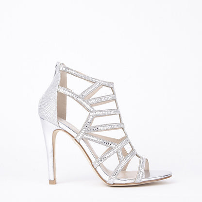 LADIES WOMENS DIAMANTE HIGH HEEL EVENING CUT OUT PEEP TOE SANDALS SHOES SIZE 
