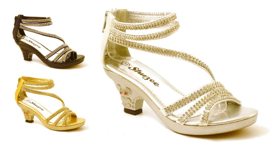 GIRLS KIDS LOW HEEL DIAMANTE TRIM WEDDING BRIDESMAID SANDALS PUMPS SHOES SIZE