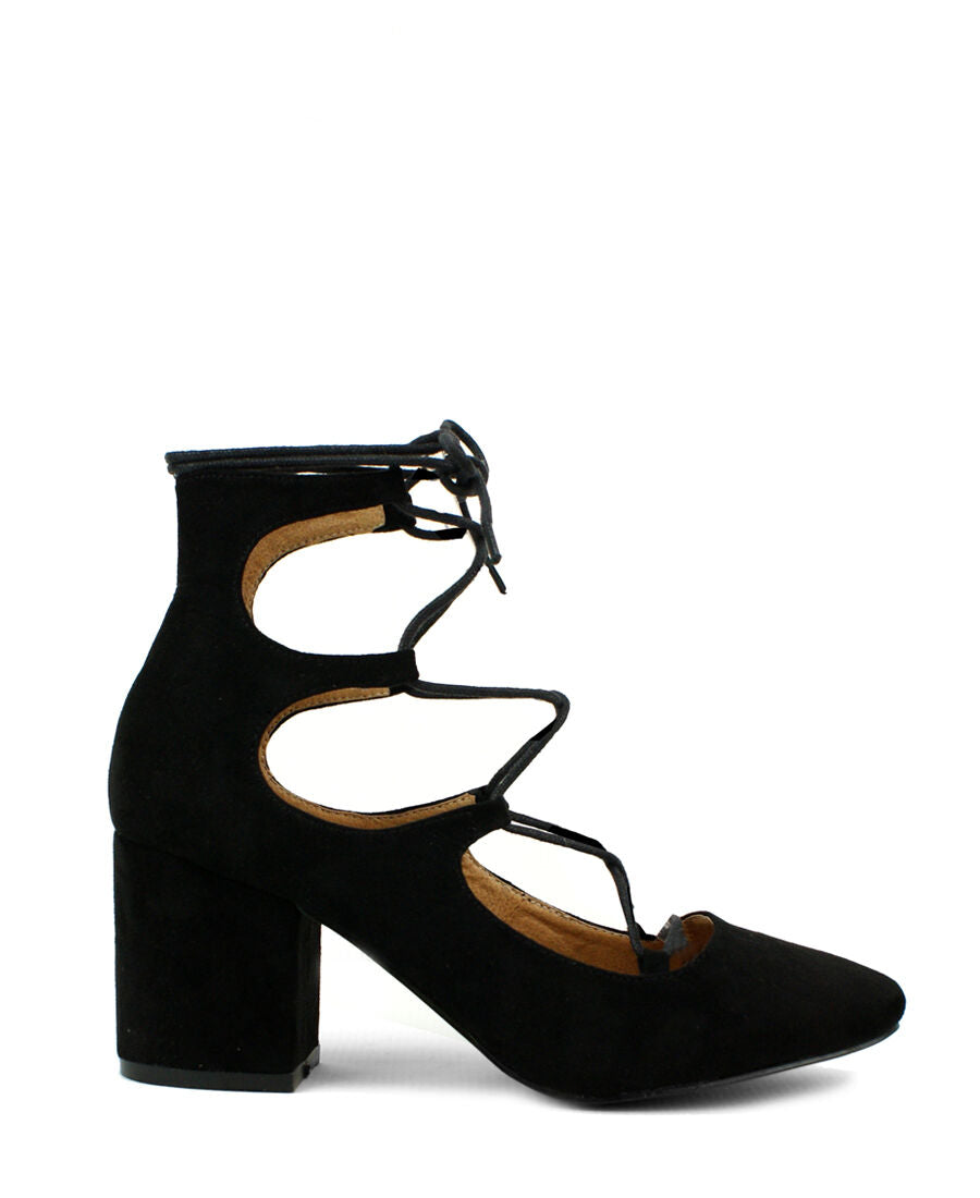 LADIES LOW BLOCK HEEL LACE UP TIE CLOSED TOE FAUX SUEDE SHOES