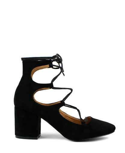 LADIES LOW BLOCK HEEL LACE UP TIE CLOSED TOE FAUX SUEDE SHOES