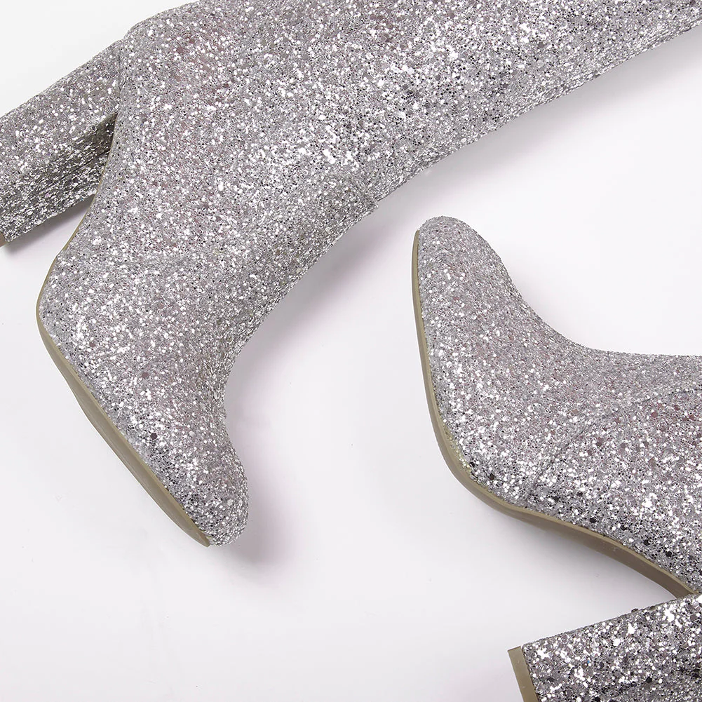India Glitter Knee High Block Heel Boots