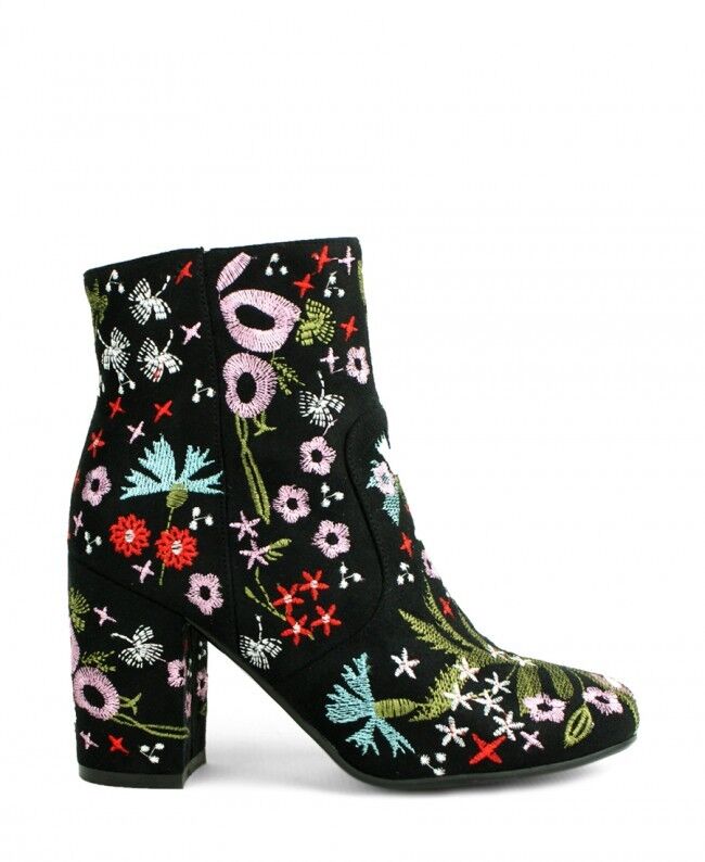 LADIES WOMENS FLORAL EMBROIDED BLACK SUEDE BLOCK HEEL RETRO ANKLE BOOTS SIZE