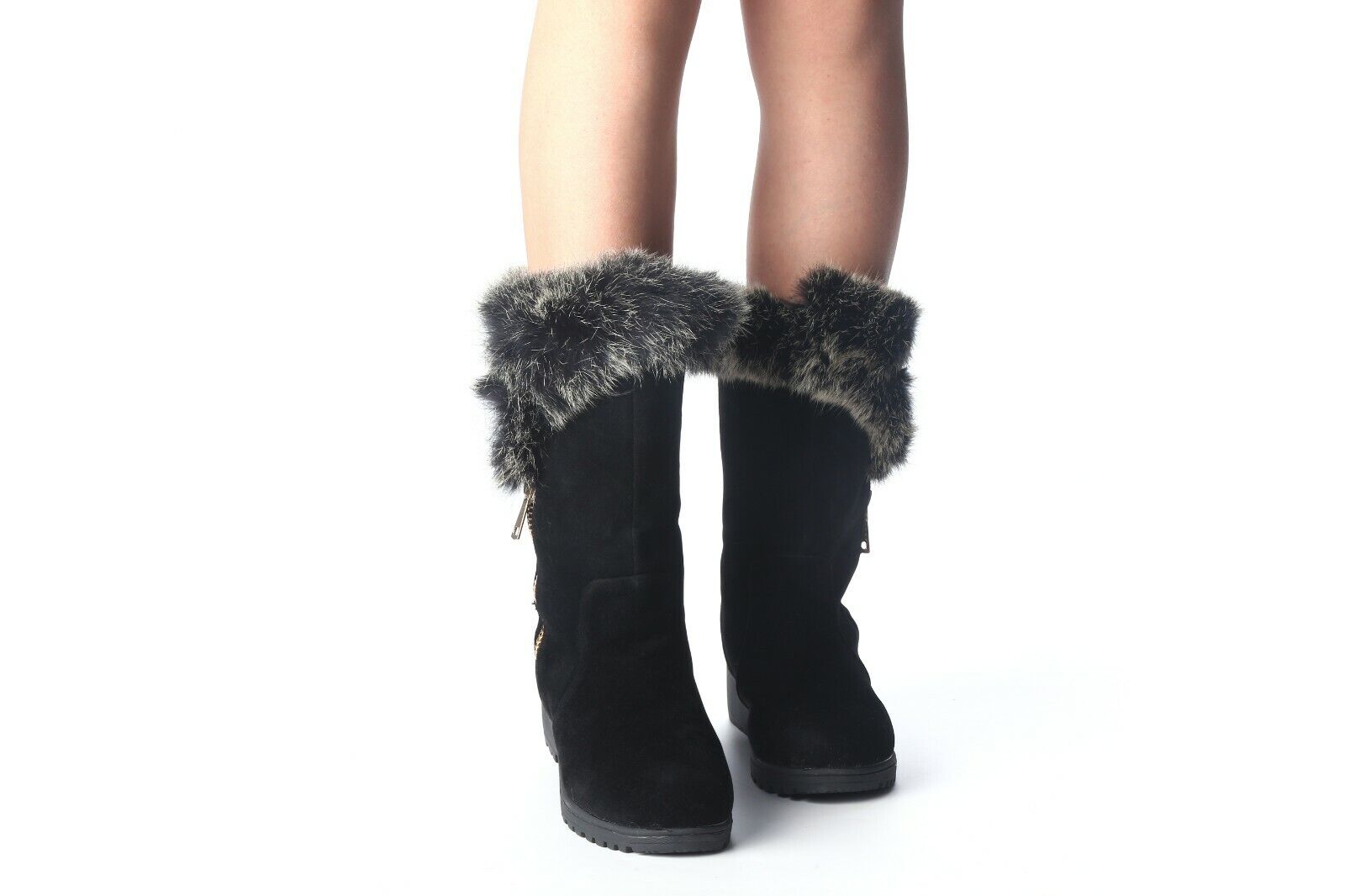 LADIES WOMENS LOW WEDGE FLEECE LINED FAUX SUEDE ZIP WINTER WARM FUR BOOTS SHOES