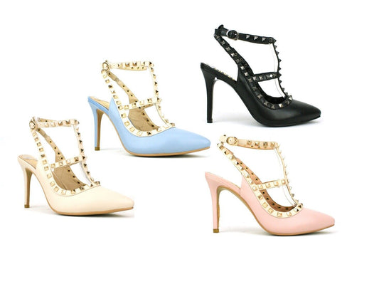 LADIES WOMENS STUD DETAIL HIGH HEEL STILLETTO POINTED TOE SLING BACK SHOES SIZE 