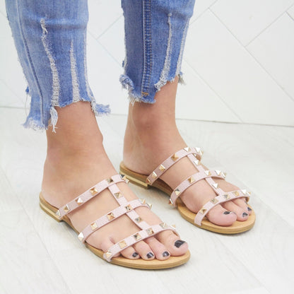 WOMENS LADIES FLAT STUD STRAPPY DETAIL SUMMER MULES FLIP FLOP SANDALS SHOES SIZE