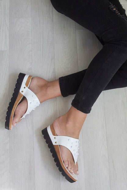 LADIES WOMENS TOE POST STUDS LOW WEDGE FLIP FLOPS SUMMER SANDALS SHOES SIZE 