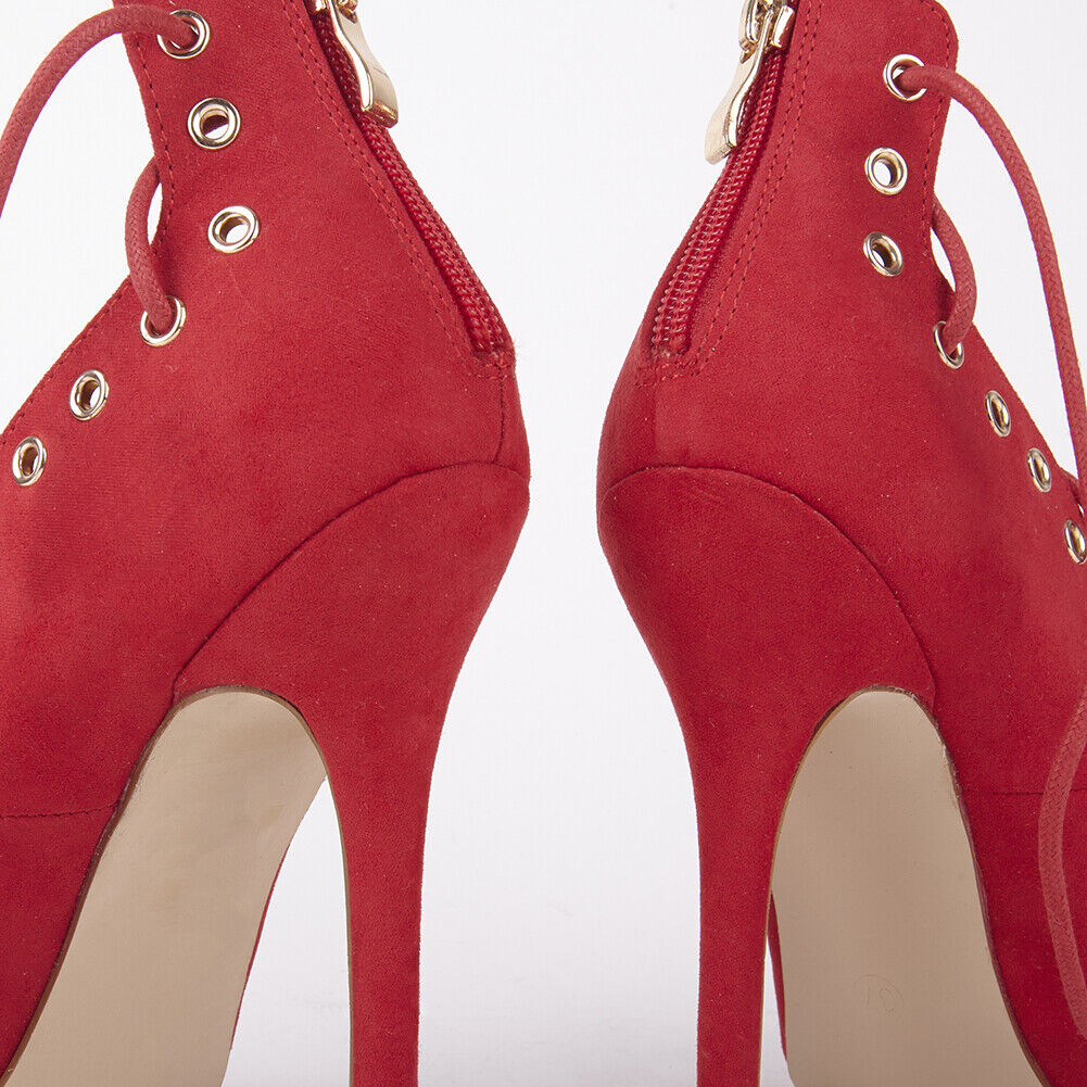 LADIES WOMENS STILLETTO HEEL POINTED TOE ANKLE LACE FAUX SUEDE COURT SHOES SIZE