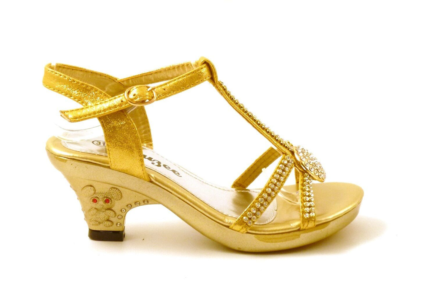 GIRLS KIDS LOW HEEL DIAMANTE TRIM WEDDING EVENING PARTY SANDALS