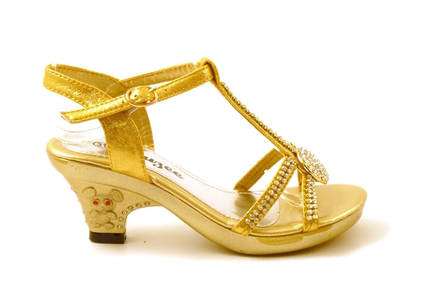 GIRLS KIDS LOW HEEL DIAMANTE TRIM WEDDING EVENING PARTY SANDALS