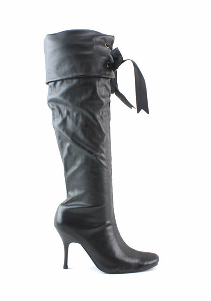 LADIES WOMENS BLACK KNEE BOOTS HIGH HEEL PIRATE STYLE RIBBON CUFF SHOES SIZE 