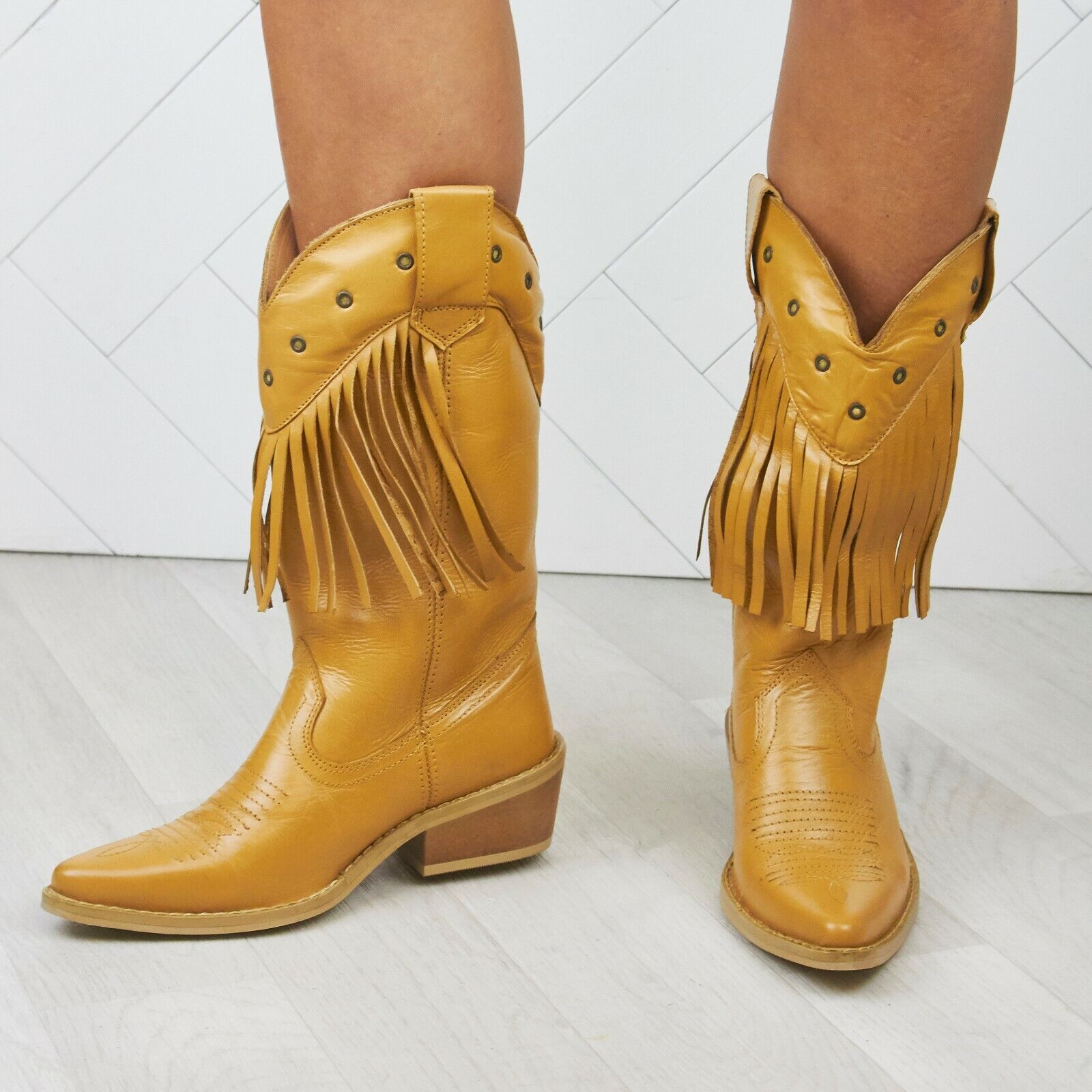 WOMENS LADIES REAL LEATHER COWBOY WESTERN STYLE ANKLE FRINGE BOOTS SHOES SIZE