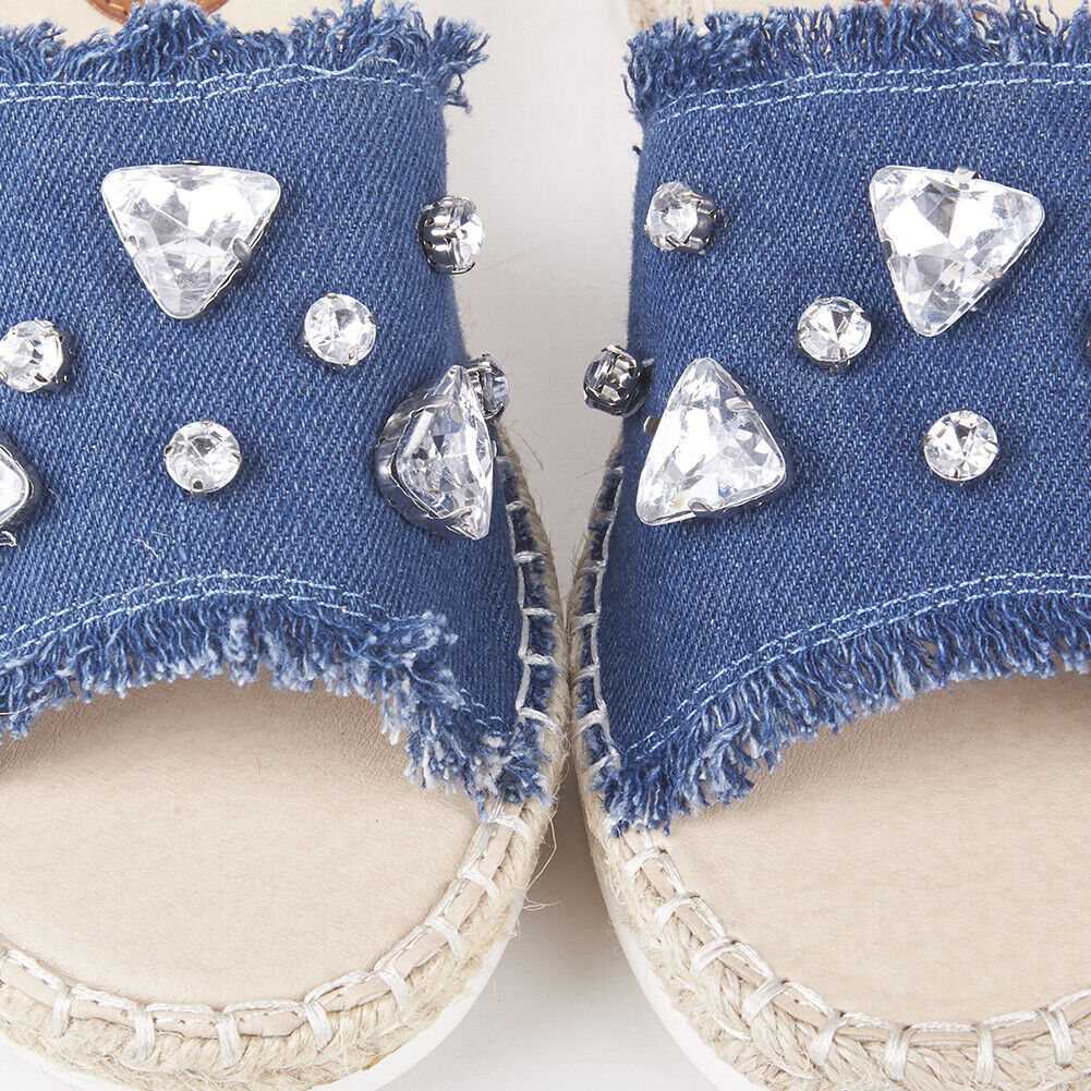 LADIES WOMENS FLAT ESPADRILLE SLIP ON DENIM DIAMANTE EMBELLISHED MULE SANDALS 