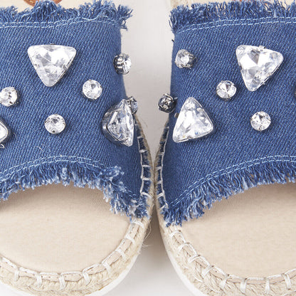 LADIES WOMENS FLAT ESPADRILLE SLIP ON DENIM DIAMANTE EMBELLISHED MULE SANDALS 
