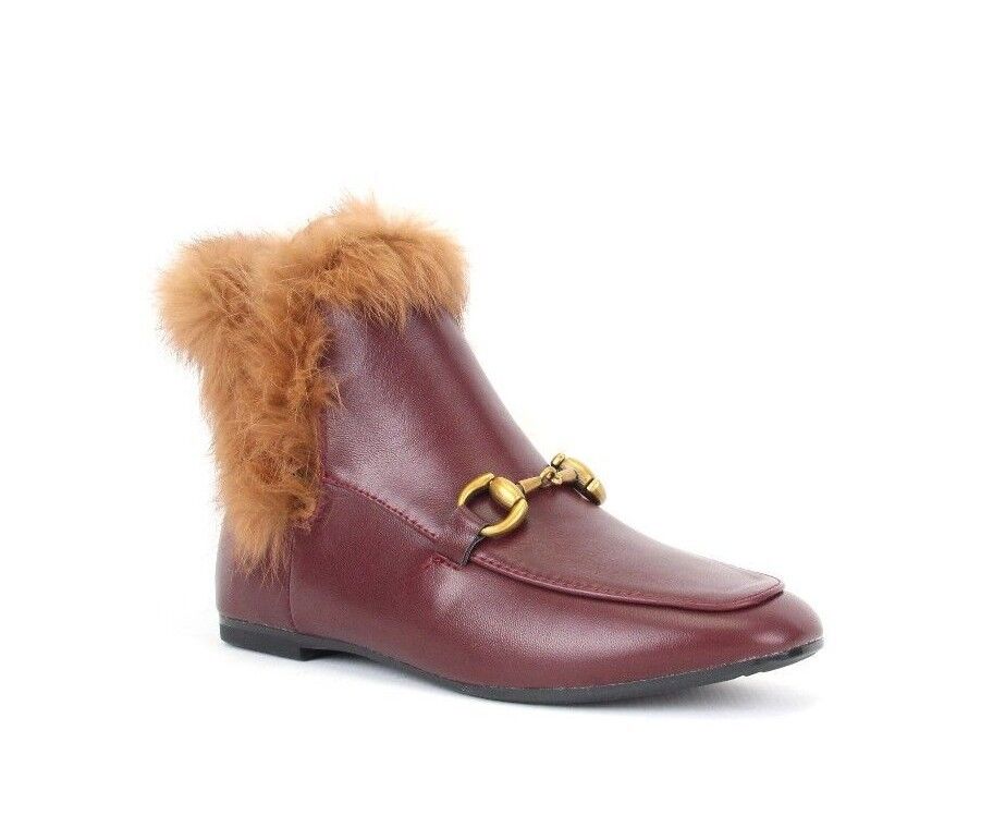 LADIES WOMENS VINTAGE RETRO FLAT FAUX FUR COLLAR ANKLE LOAFER BOOTS SHOES SIZE 