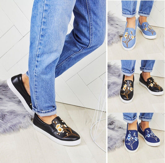 Ladies Womens Embroided Flat Rubber Sole Skater Pumps Sneaker Trainers Shoes 