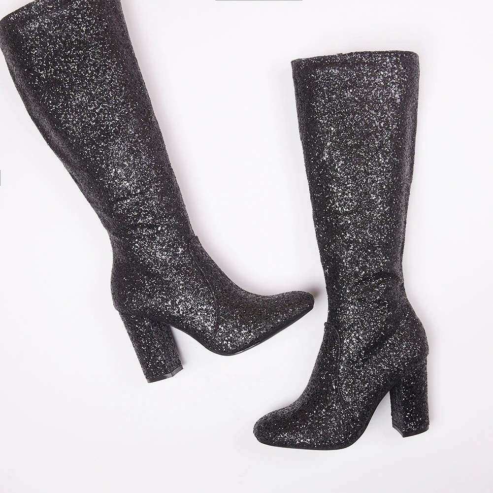 India Glitter Knee High Block Heel Boots