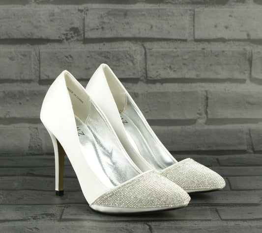 WOMENS LADIES SILVER HIGH HEEL DIAMANTE BRIDAL PROM EVENING COURT SHOES SIZE NEW