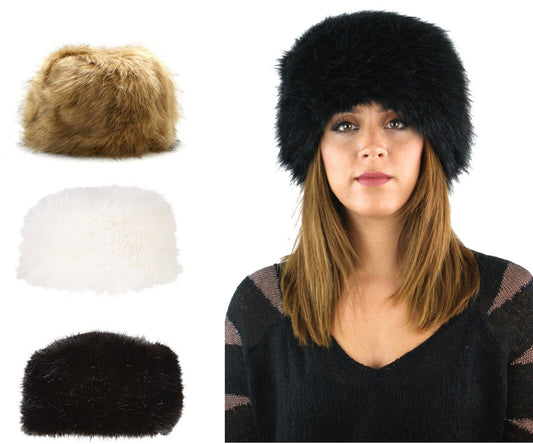 WOMENS LADIES RUSSIAN STYLE FAUX FUR COSSACK HAT BLACK WHITE NATURAL WINTER NEW