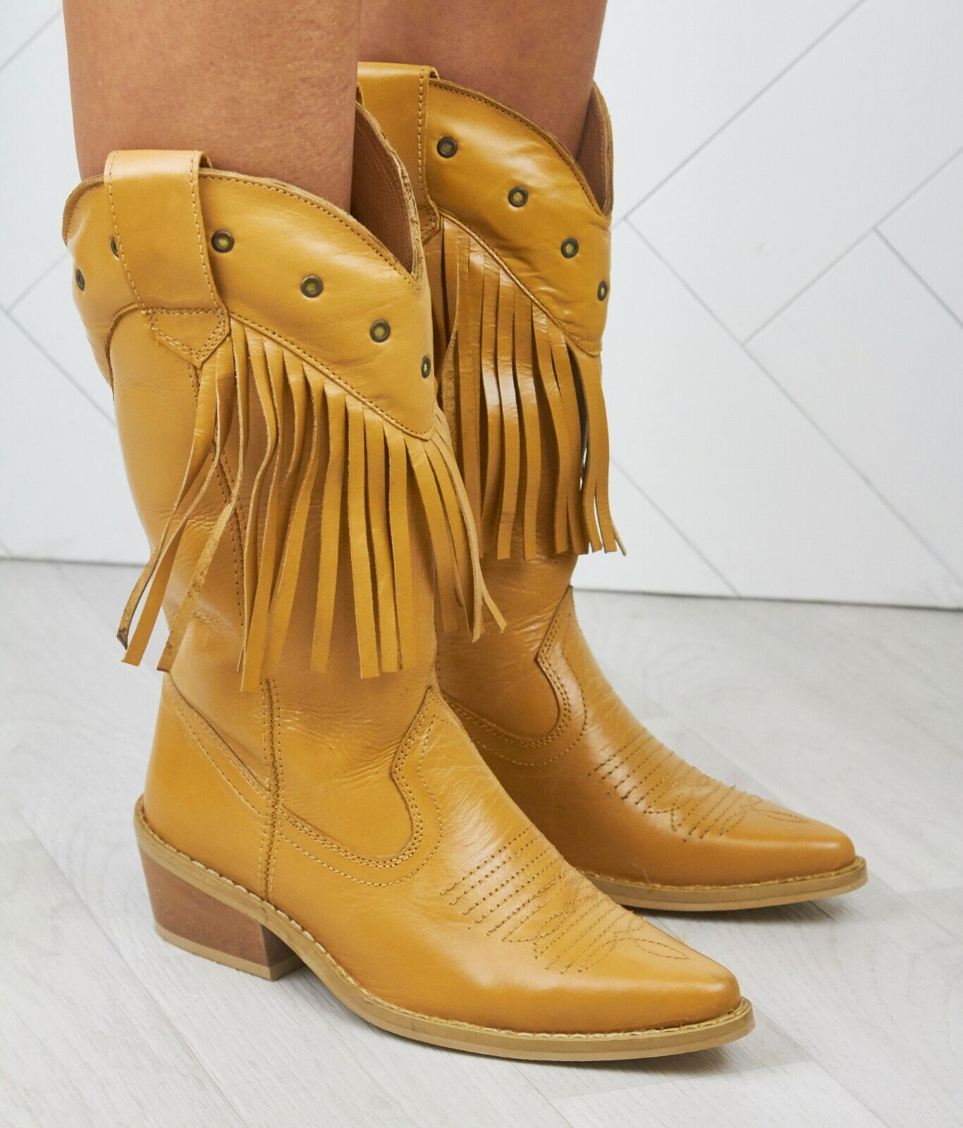 WOMENS LADIES REAL LEATHER COWBOY WESTERN STYLE ANKLE FRINGE BOOTS SHOES SIZE