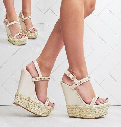 LADIES WOMENS STUD DETAIL PLATFORM WEDGE PEEP TOE SUMMER ESPADRILL SANDALS SHOES