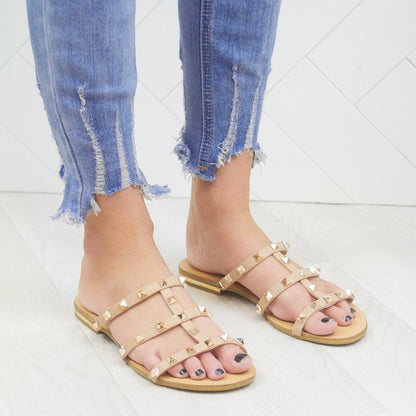WOMENS LADIES FLAT STUD STRAPPY DETAIL SUMMER MULES FLIP FLOP SANDALS SHOES SIZE