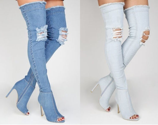 LADIES WOMENS OVER THE KNEE THIGH HIGH BOOTS HEELS STILETTOS DENIM STRETCH SIZE 