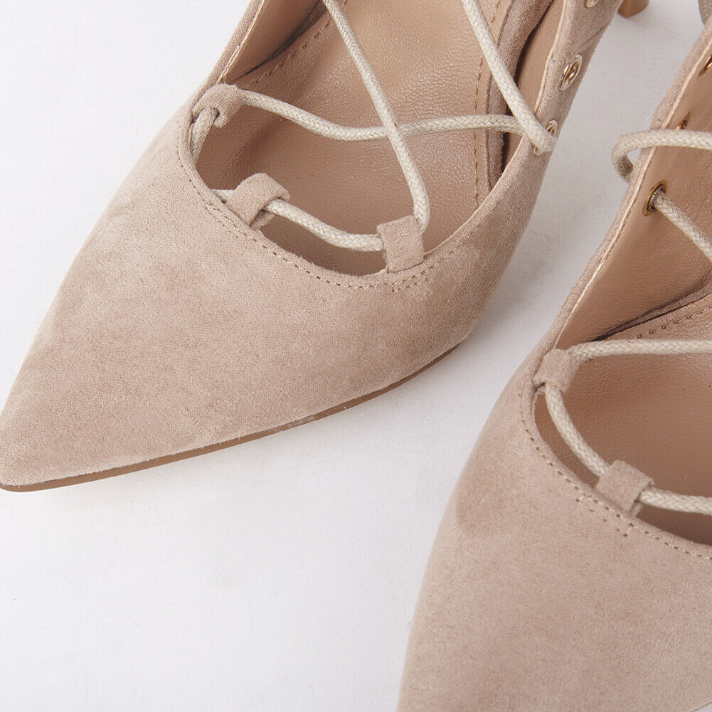 LADIES WOMENS STILLETTO HEEL POINTED TOE ANKLE LACE FAUX SUEDE COURT SHOES SIZE