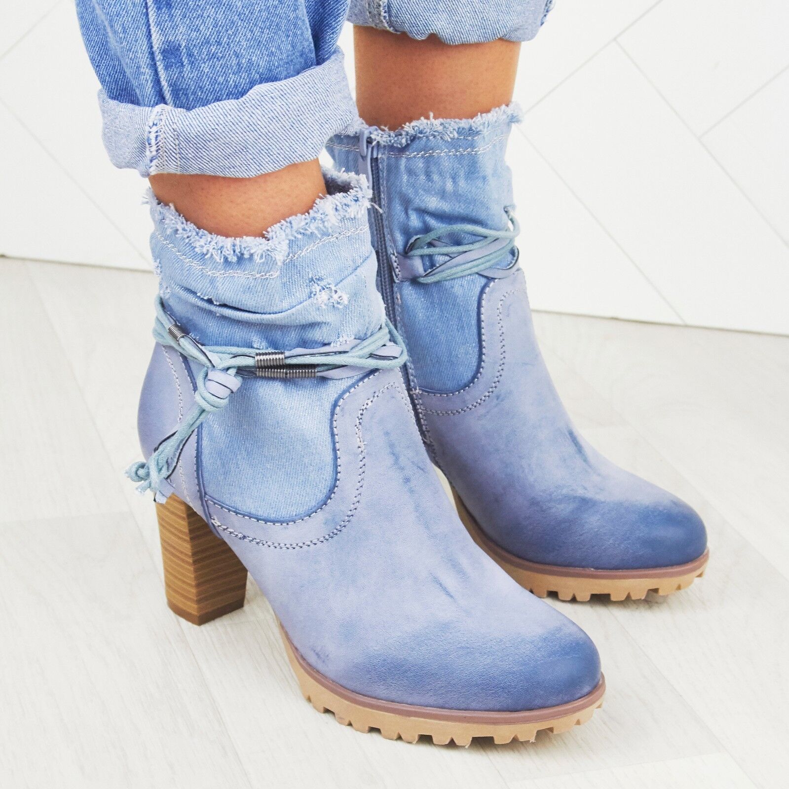 WOMENS LADIES BLOCK HEEL ANKLE DENIM DESIGN FASHION GRIP SOLE BOOTS SHOES SIZE
