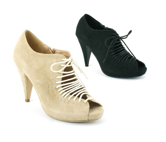 LADIES WOMENS MID HEEL LACE UP PEEP TOE ZIP UP SANDALS SHOES PUMPS SIZE 