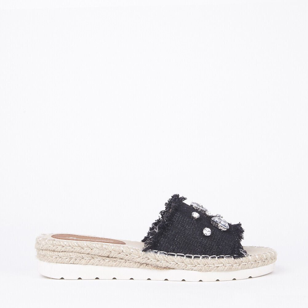 LADIES WOMENS FLAT ESPADRILLE SLIP ON DENIM DIAMANTE EMBELLISHED MULE SANDALS 