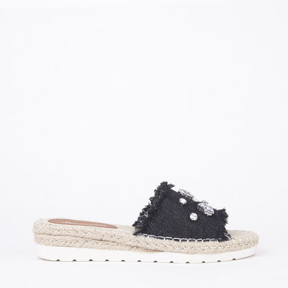 LADIES WOMENS FLAT ESPADRILLE SLIP ON DENIM DIAMANTE EMBELLISHED MULE SANDALS 
