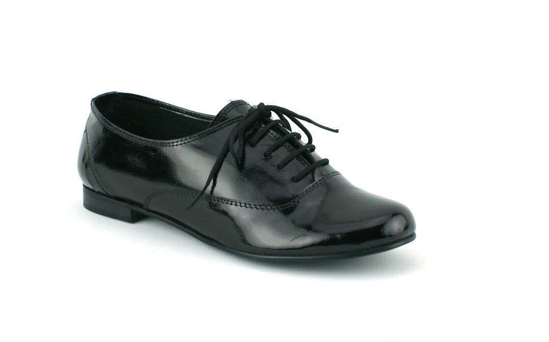 LADIES WOMENS REAL LEATHER FLAT BLACK PATENT FORMAL LACE UP PUMPS SHOES SIZE 