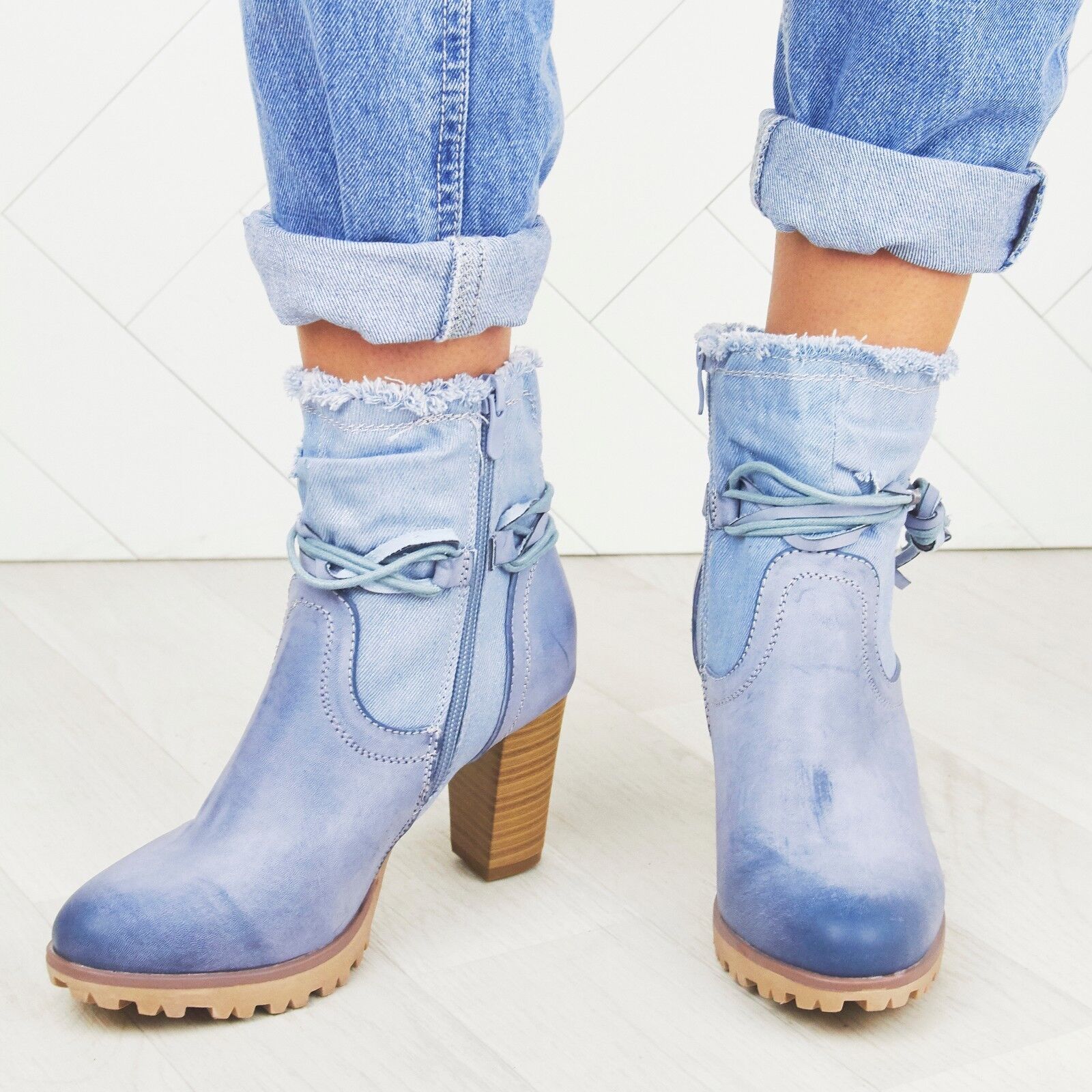 WOMENS LADIES BLOCK HEEL ANKLE DENIM DESIGN FASHION GRIP SOLE BOOTS SHOES SIZE